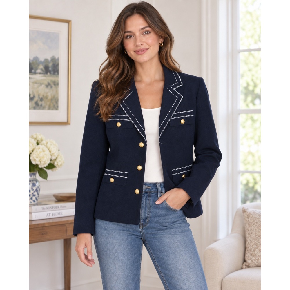 Talbots Blazer Navy Blue Tweed Gold Crested Button Braided Trim Jacket 6